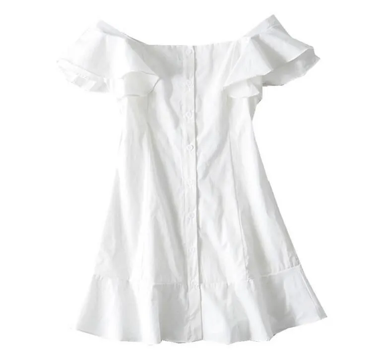 夏のパッケージの腰の綿スラッシュショルダーフリル裾の半袖ホワイトドレスエレガントな女性パーティードレススリムフィットvestido 210429