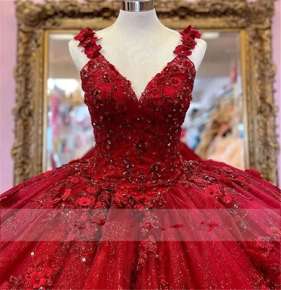 Vestidos de xv a os rot quinceanera Kleider mit 3D -Blumen Applique Korsett obere Perlenkugel Kleid Süße 16 Kleid Plus Größe 312b