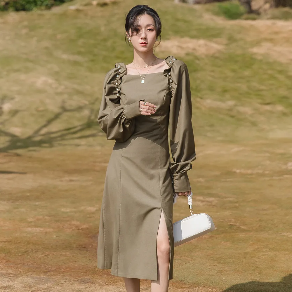 Korobov Koreansk Elegant Vår Sommar Nya Kvinnor Klänning Vintage Pärlor Ruffles Puff Sleeve Klänningar Kvinna Lång Klänning 210430