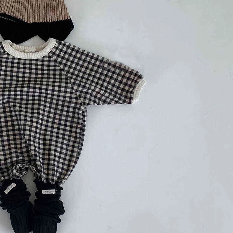 Moda Bebek Kız Ekose Tulum Sevimli Doğan Uzun Kollu Tulum Bebek Pamuklu Giysi Çocuk Erkek Casual 211229