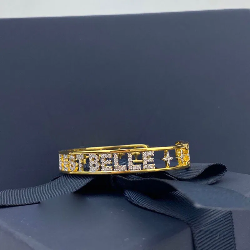 SLJELY moda 925 Plata de Ley Color oro amarillo letra La Vie Est Belle brazalete abierto Micro Zirconia pulsera para mujer