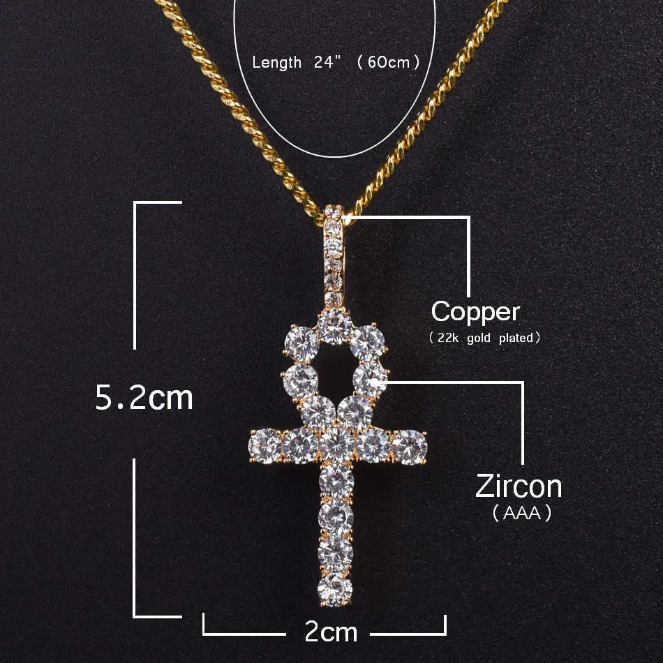 Ankh Cross Smycken Set Guldfärg Koppar Material Mäns Kvinnors Hip Hop Smycken Halsband H1022
