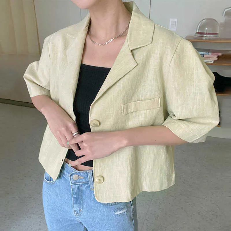 Korjpaa Kvinnor Jacka Sommar Koreanska Chic Ladies All-Match Lapel Tre-Button Design Loose Short Puff Sleeve Suit Jackor 210526