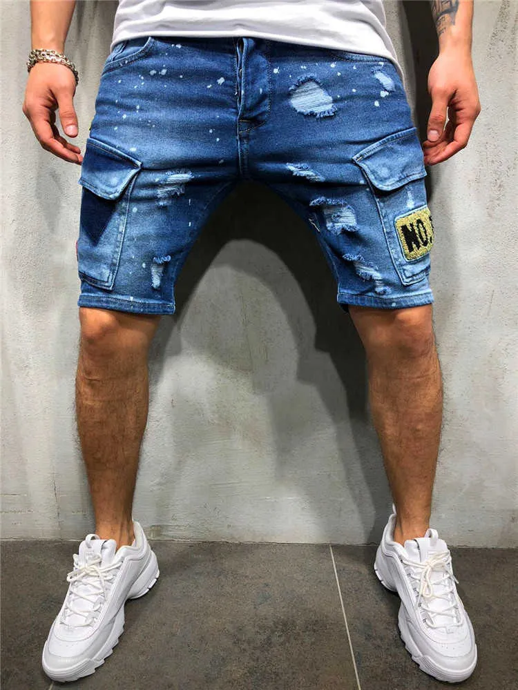 Hommes cassé trou Cowboy Shorts extensible déchiré maigre broderie imprimer jean décontracté 2021 couleur pure dessin animé mince bleu Denim court P0806