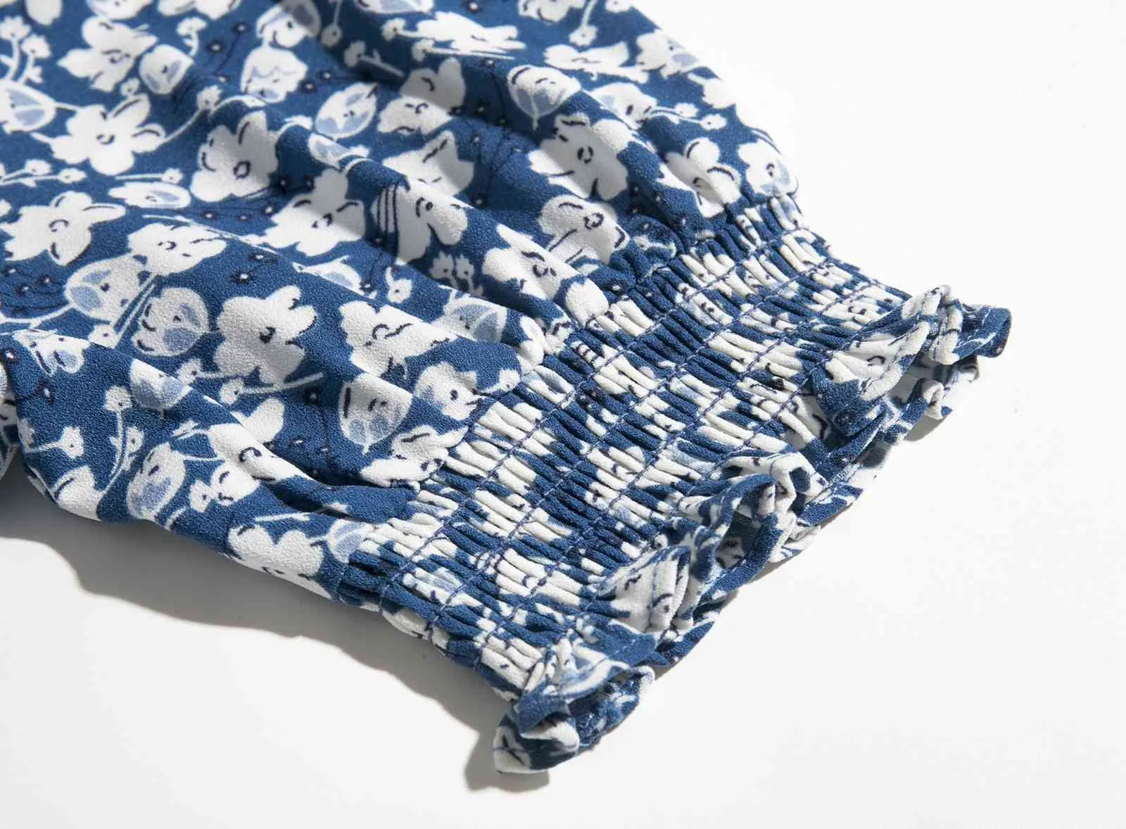 Vintage Francja Styl Krótki Rękaw Wrap Koszula Moda Blue Floral Print Tie Łuk Talii Bluzka Kobiety Jednoczęściowe Topy 210429