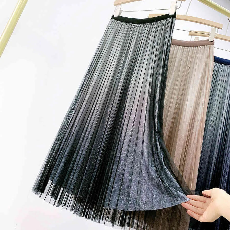 Printemps été style coréen 3 couches femmes brillant dégradé maille taille haute midi longue jupe plissée en tulle femme 210421