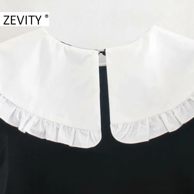Zevity New Women甘いアガリックレースホワイトピーターパンカラーパッチワーク編み物ブラックミニドレス女性半袖Vestido DS4586 210419