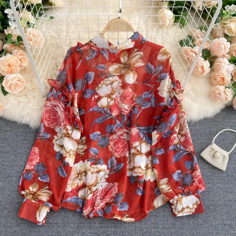 Primavera e verão francês feminino vintage plissado camisa floral elegante senhora lapela blusa vermelha lanterna manga tops roupas coreanas 210514
