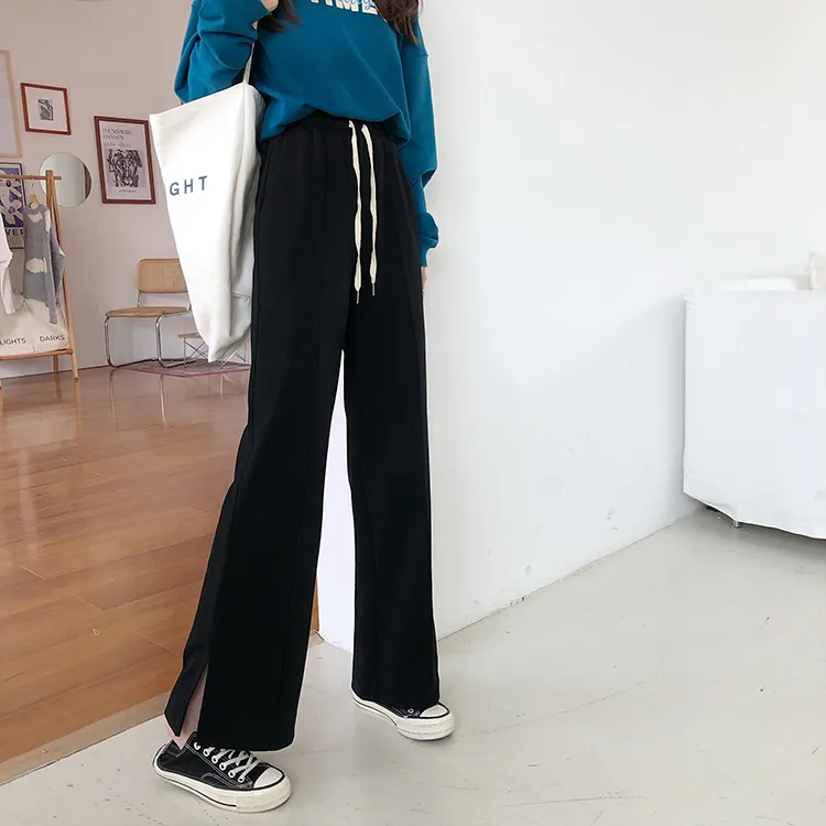 SML coreano estilo sólido cor preta calças fêmea mola alta cintura larga perna larga calças longas mulheres 71062 210423
