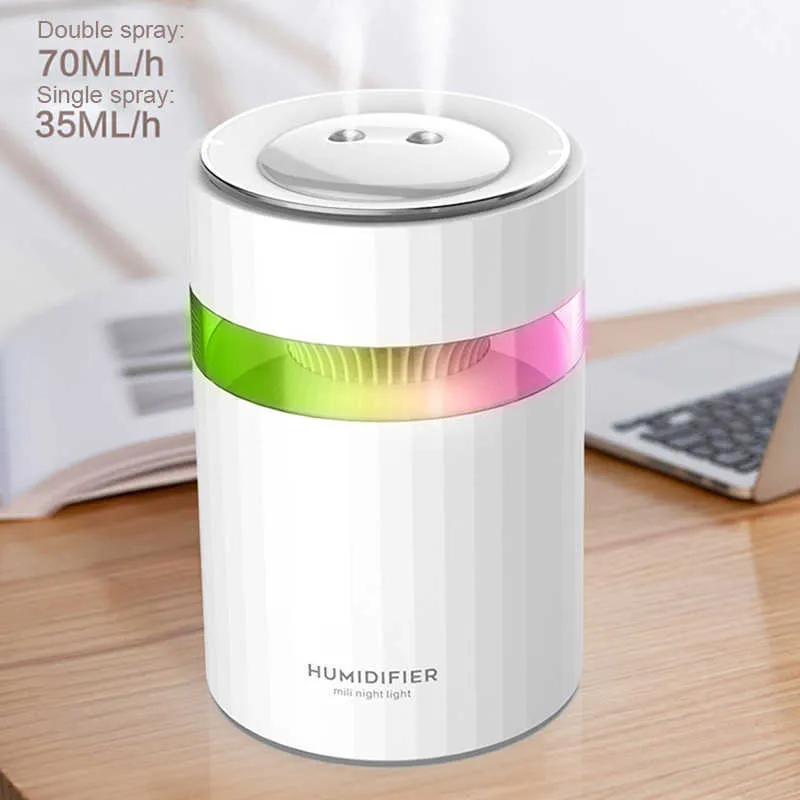 900ml Air Humidifier Diffuser Ultrasonic Double-spray USB Cool Mist Maker Fogger with LED Night Light for Home Office 210724