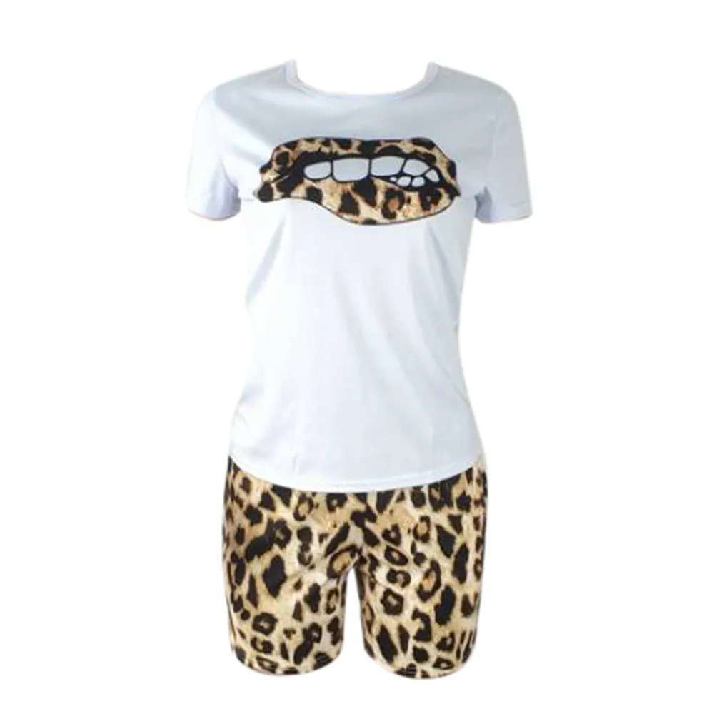 Plus Size Tracksuit Women Two Piece Sets Leopard Lip T-shirt Top and Shorts Sweat Suits Summer Beach Wear Casual Outfits X0428