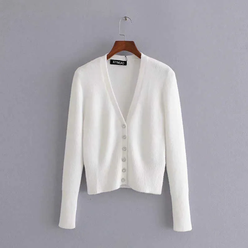 ZA Women White Mohair Button Solid cardigan lavorato a maglia maglione slim fit scollo a V manica lunga moda donna autunno 211007