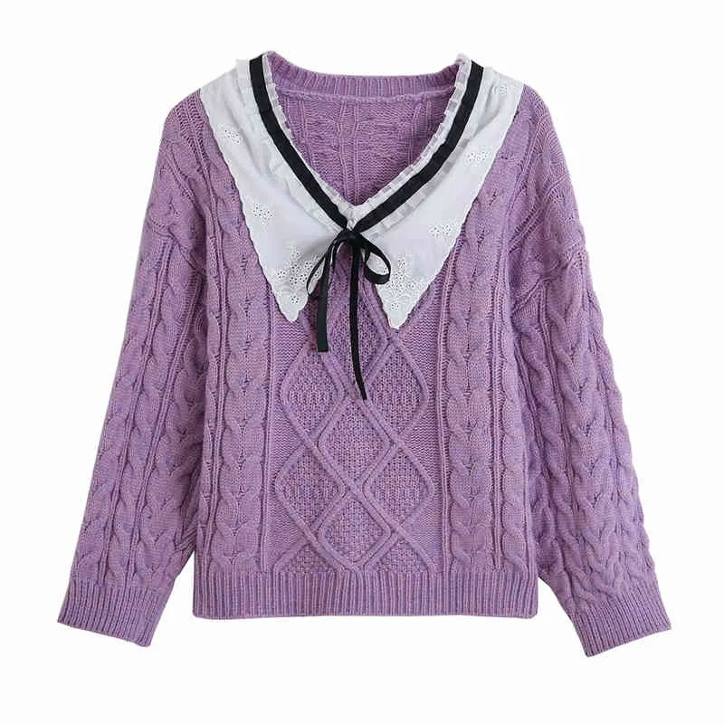 Sweet Women Embroidery Turn Down Collar Sweater Fashion Ladies Bow Lace Knitted Tops Elegant Female Chic Pullover 210427