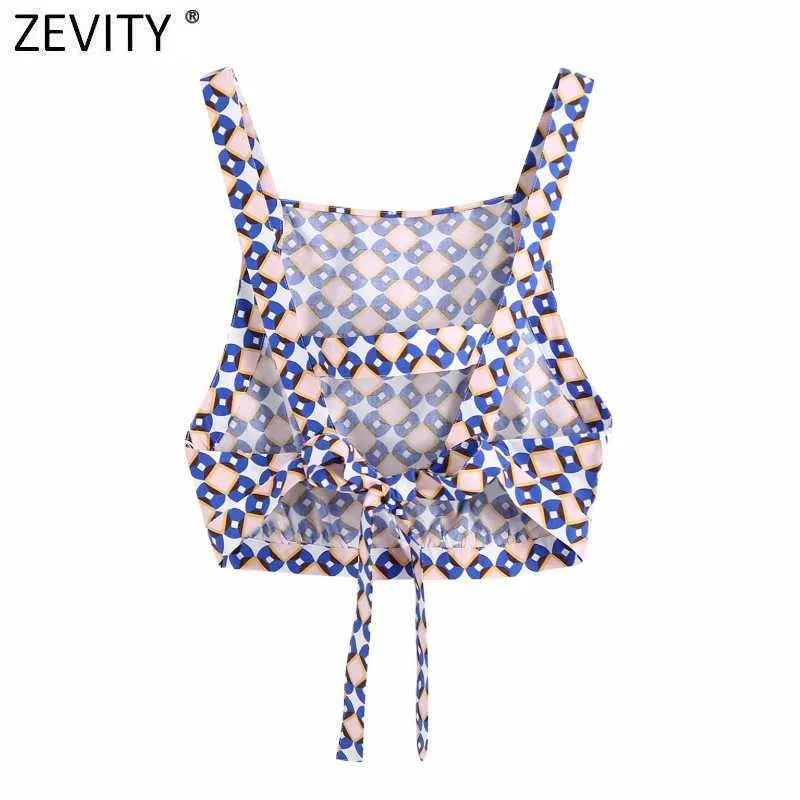 ZEVITY Dames Vintage Geometrische Print Korte Sling Shirt Dames Sexy Backless Bow Tied Blouse Roupas Chic Crop Blusas Tops LS9393 210603