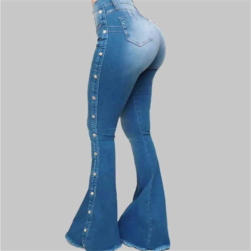 Jeans svasati a vita alta in cotone blu da donna skinny sexy con rivetti streetwear pantaloni a zampa d'elefante in denim di qualità 211129