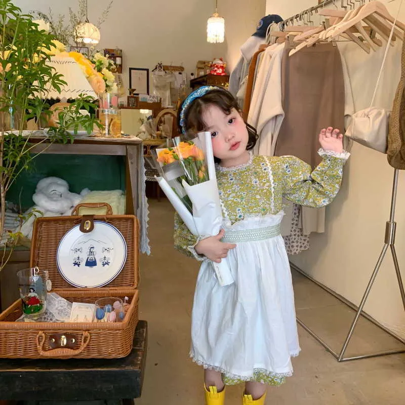 Le ragazze primaverili in stile coreano vestono abiti da principessa in pizzo a maniche lunghe + grembiule staccabile vestiti bambini E679 210610