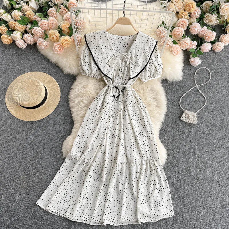 Singreiny Women Polka Dot Dress Sweet Korean V Neck Puff Sleeve Ruffles Klänningar Sommar Bohemian Print A-Line Midi Long Dress 210419