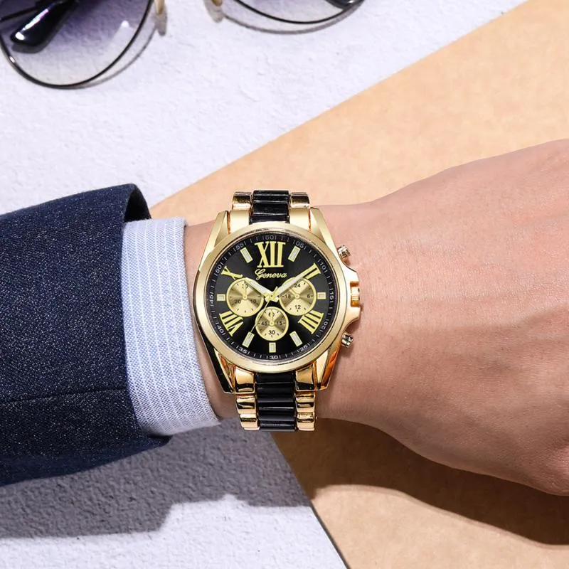 Armbandsur Klassiska herrklocka Genève Reloj Hombre Fashion Quartz Gold Zegarek Meski Multi-Dial Clocks Luminous Montre Homm2435