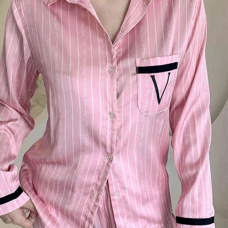 Two Piece Set Winter Pajamas for Women Long Sleeve V Letter Sleepwear Loungewear Satin Silk Pjamas Pyjamas Christmas Gift 211112