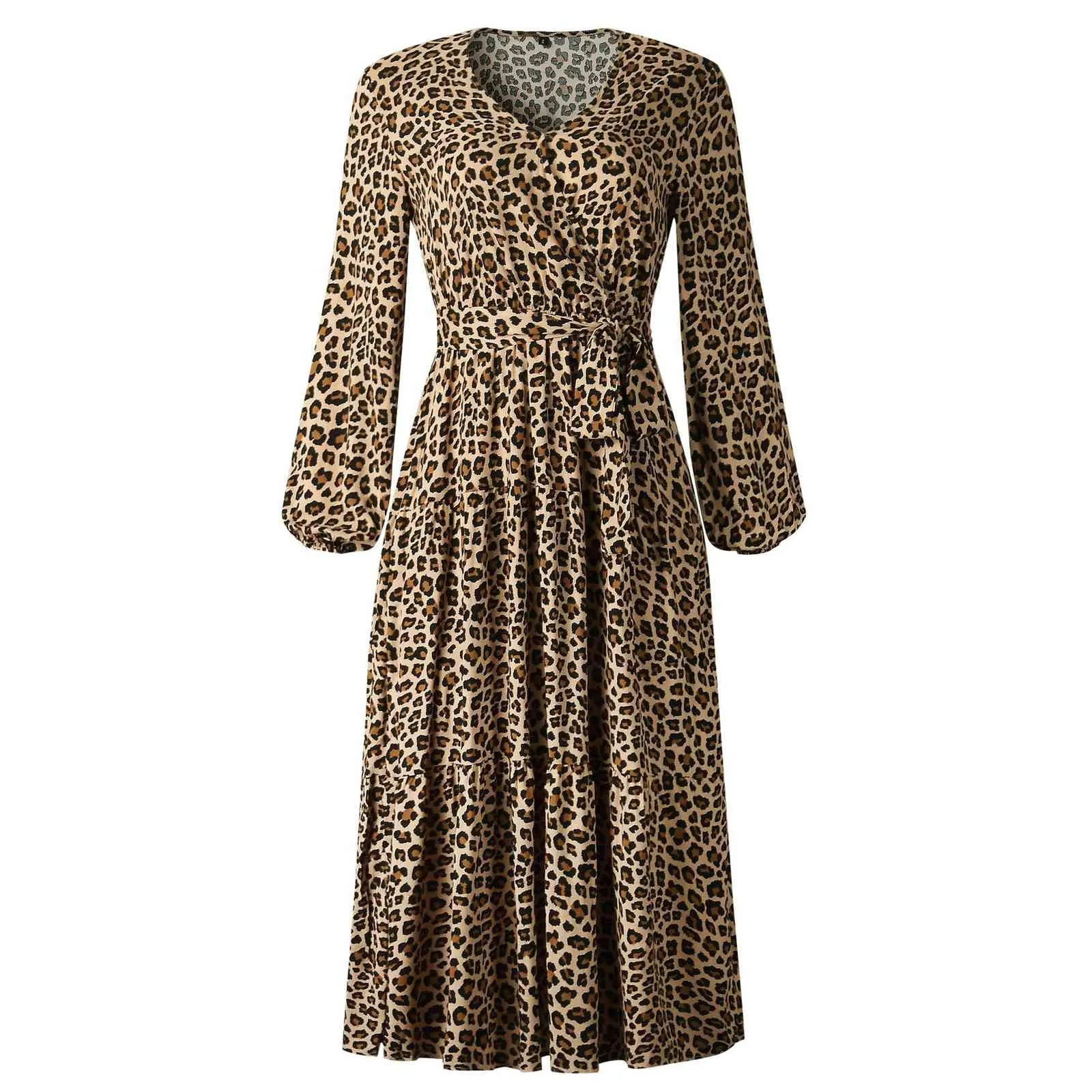 Imprimé léopard longue Maxi robe d'hiver femmes fleur imprimé Boho lanterne manches robe col en V élégant dames robe 210415