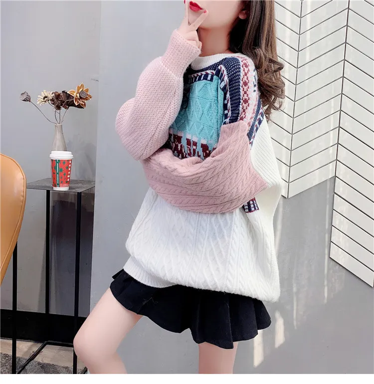 H.SA Women CASUAL Vintage Retro Argyle Jumpers Pull Femme Korean Oversized Sweater Winter Tops 210417
