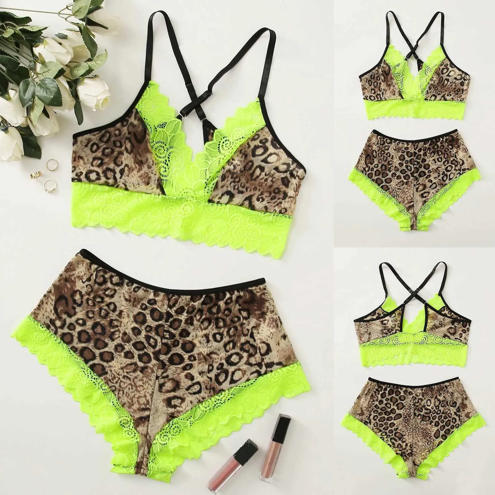 Lace Sleepwear Menina För Kvinnor Sexig Underkläder Leopard Skriv ut Toppar och Shorts Set Pyjamas Nightwear Nighty For Ladies Q0706