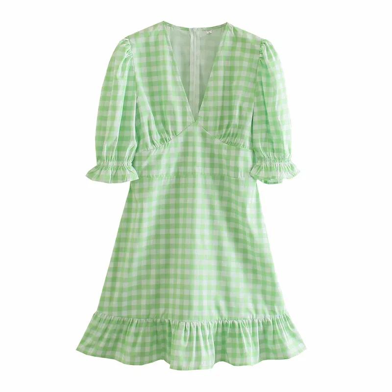 Vrouwen zomer plaid casual mini jurk korte mouw V-hals ruches vintage vrouwelijke elegante a-lijn jurken kleding vestidos 210513
