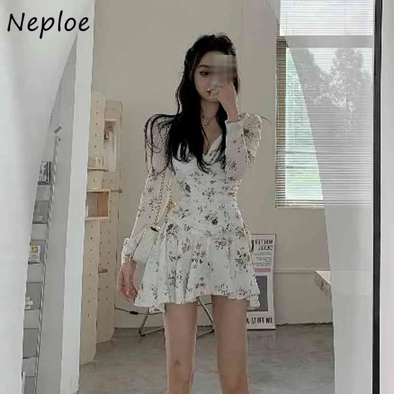 Neploe col en V à manches longues pull Robe femmes taille haute hanche une ligne Slim Vestidos printemps tempérament imprimer Robe 210510