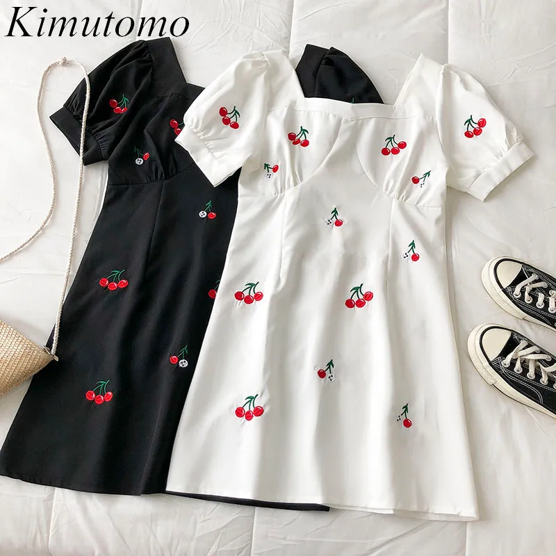 Kimutomo chic franse prinses stijl jurken meisjes korte bladerdeeg mouw vierkante kraag zomer Koreaanse kersen A-lijn vestido 210521