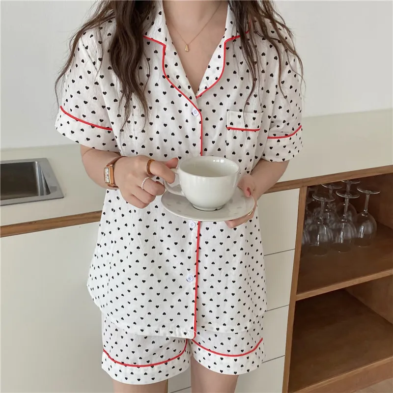 Summer Short Pajamas Sweet Nightwear Turn Down Collar Homewear Polka Dot Cotton Loose Two Piece Suit Sets 210525