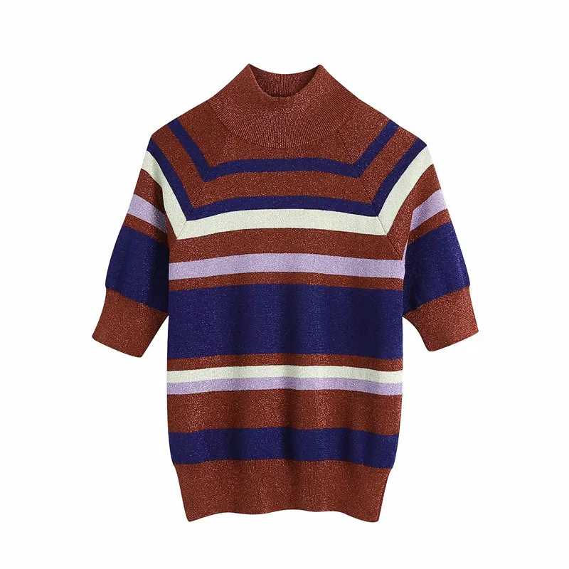 Red Striped Knitted Turtleneck Sweater Women Fall Short Sleeve Sweaters Ladies Metallic thread Rib Pullover 210519