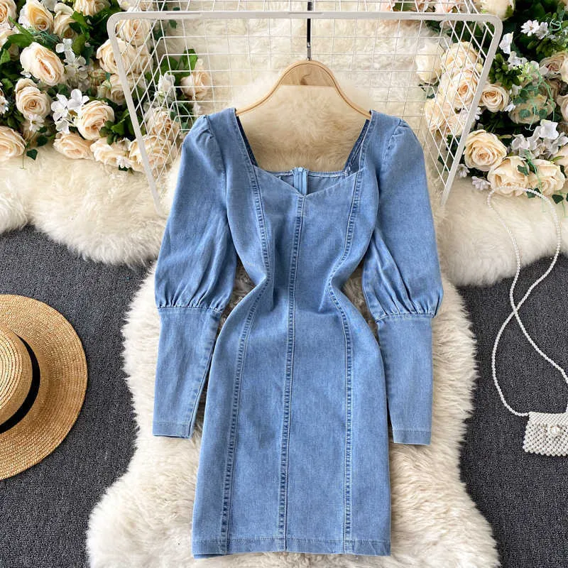 Koreanische Mode Straße Jeans Kleid für Frauen Frühling Herbst V-ausschnitt Puff Sleeve Denim Kurze Party Club Outfits 210603