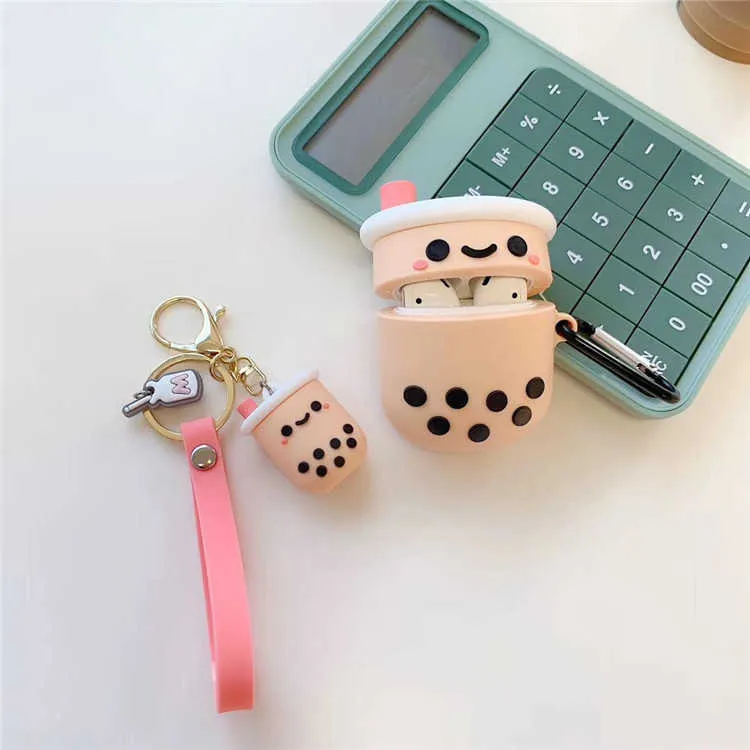 Silicone Perle Thé Au Lait Mignon Porte-clés De Luxe Kawaii Porte-clés Pour Dames Filles Sac Voiture Airpods Charme Accessoires Cadeau Porte-clés G1019