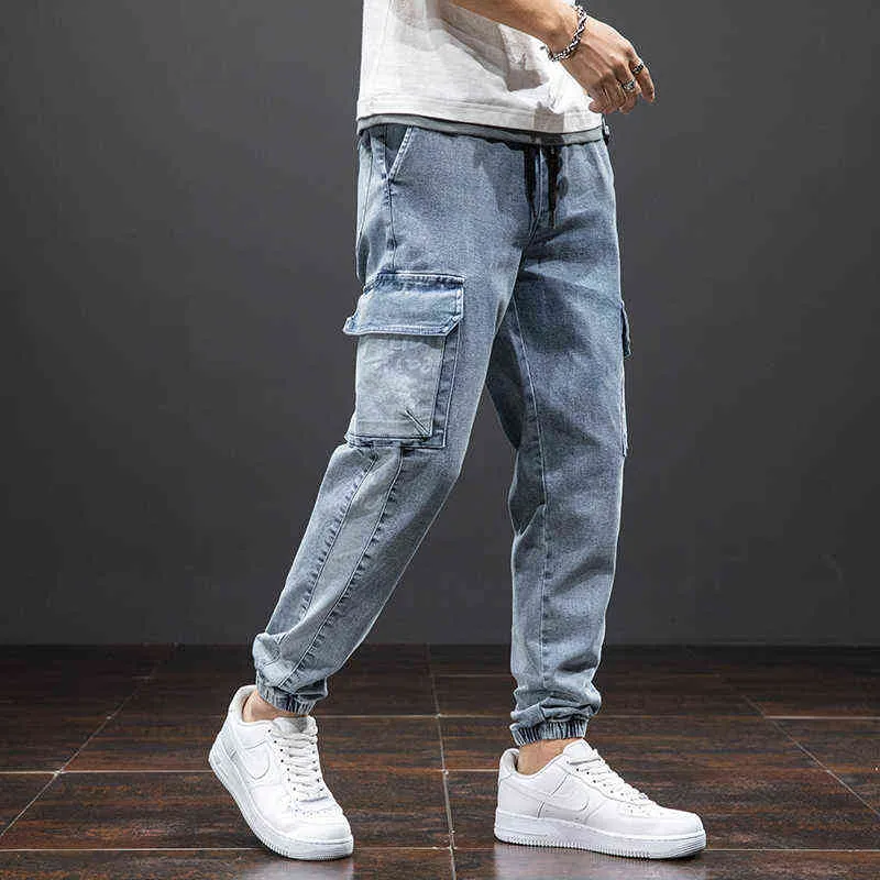 Wiosna Lato Czarne Niebieskie Dżinsy Mężczyźni Streetwear Multi-kieszenie Spodnie Cargo Joggers Spodnie Jean Plus Size 6XL 7XL 8XL 211111