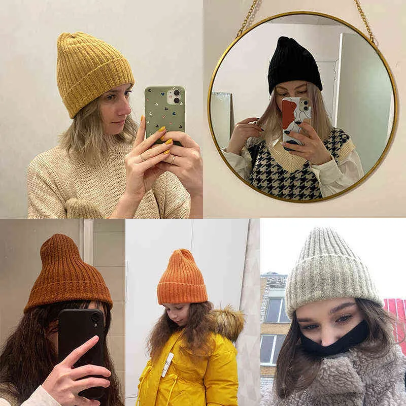 2021 godis färger stickad vinter beanie hatt kvinnor män mode solid tjockna varm mjuk trendig hatt kvinnlig y21111