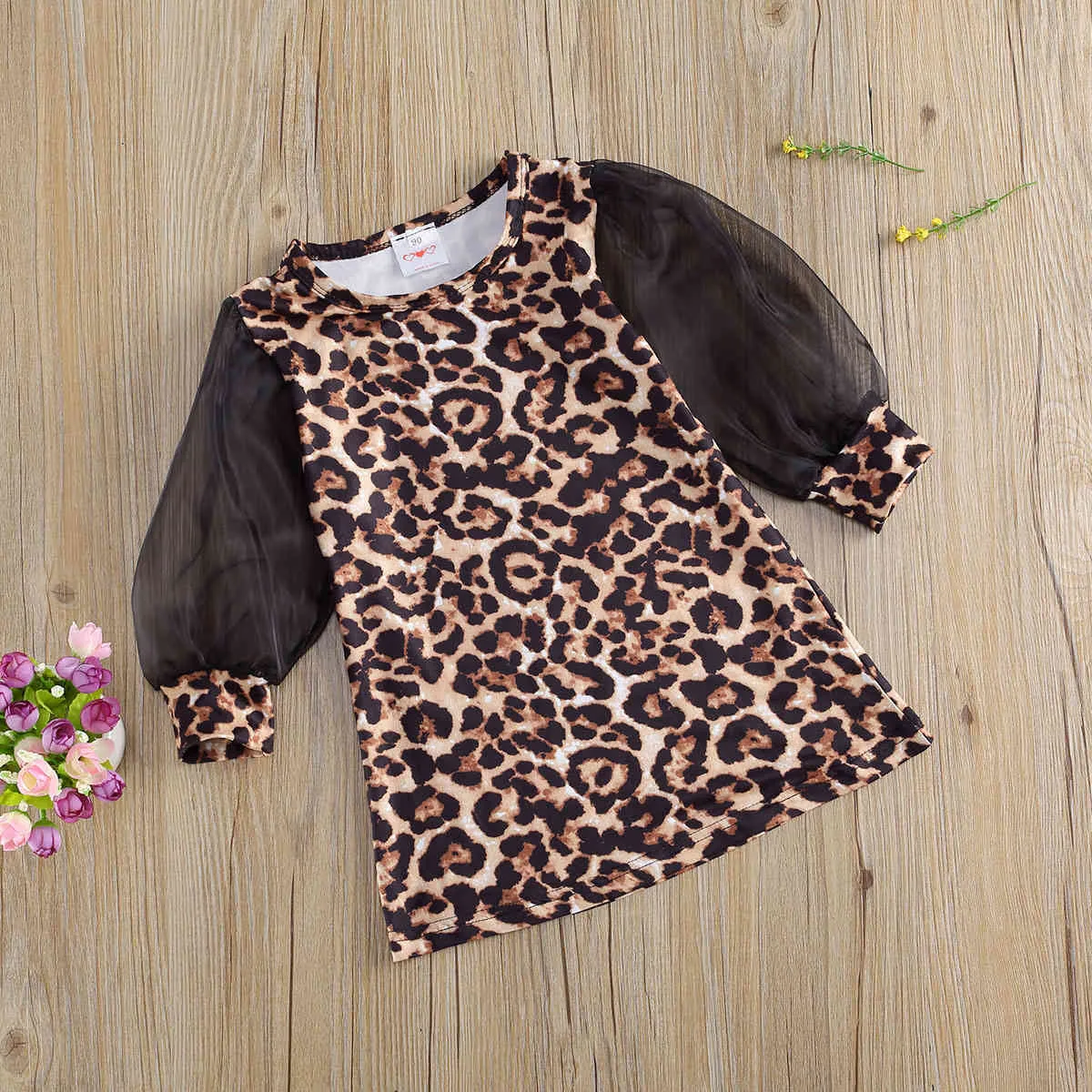 1-6Y Toddler Kid Girls Leopard Klänning Tulle Lantern Sleeve Es För Höst Vår Barn 210515