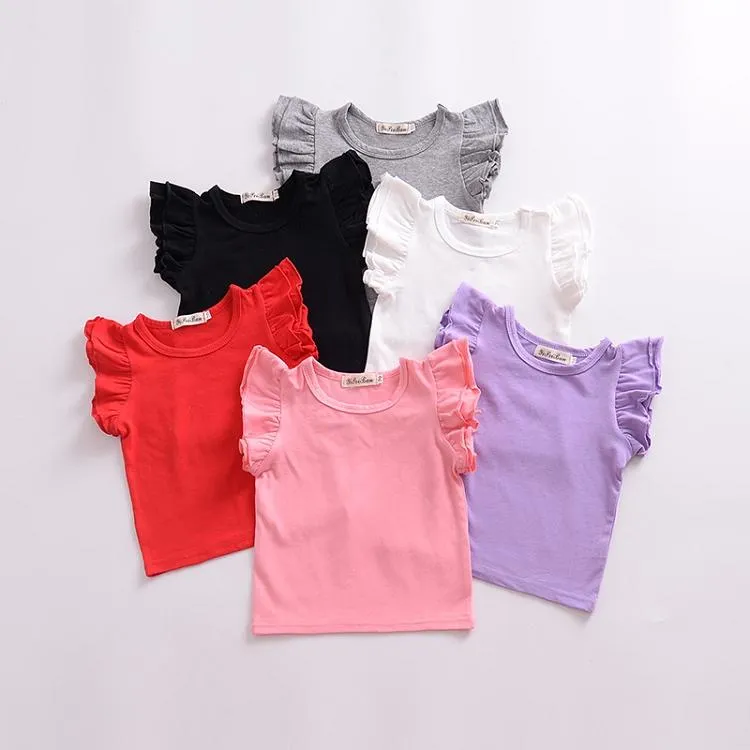 Neonate Solid T-shirt Top Tees Ruffle Sleeve Tee Kid Abbigliamento casual Ragazza Camicie in pizzo Estate Toddler Teens Abbigliamento bambini i