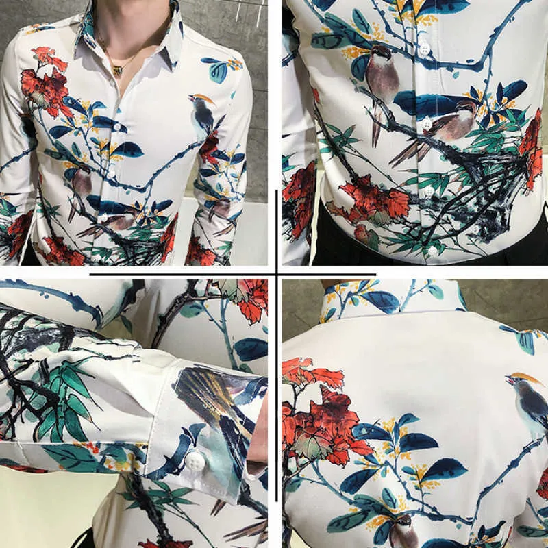 Chiński styl Kwiatowy Koszule Mężczyźni Z Długim Rękawem Biznes Dorywczo Koszula Slim Fit Streetwear Party Bluzka Camisas Para Hombre 210527