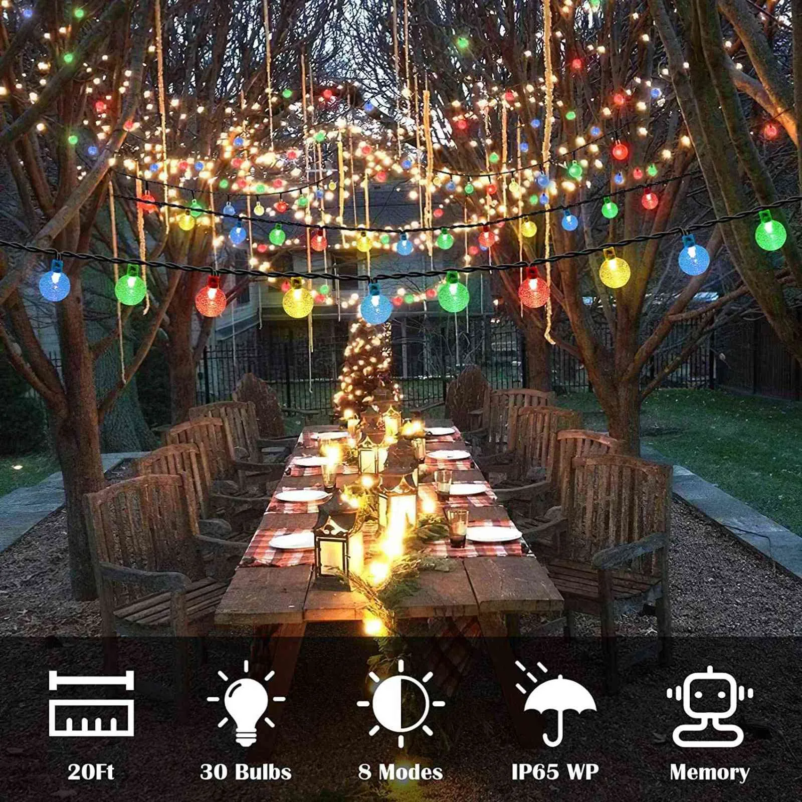 Luzes de corda solar de cristal, luzes de Natal, luzes solares super brilhantes ao ar livre, 8 modos de iluminação Luzes motorizadas para a festa 211104