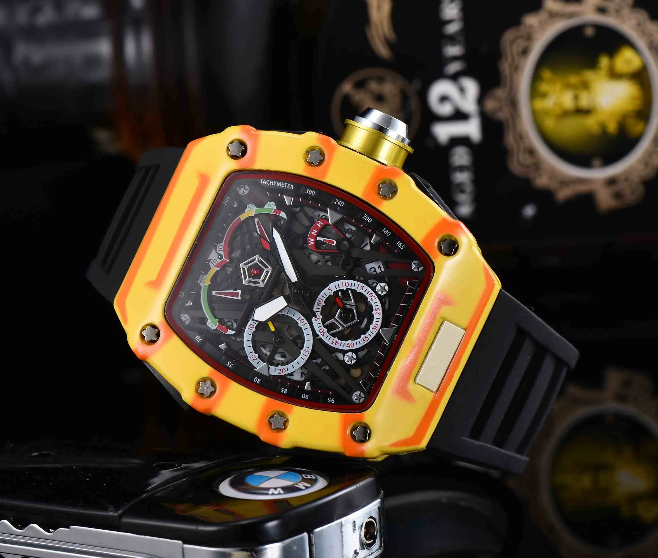 Top digite version Skeleton Dial All Fiber Pattern Case Japan Sapphire Mens Watches Rubber Designer Sport Watches173K