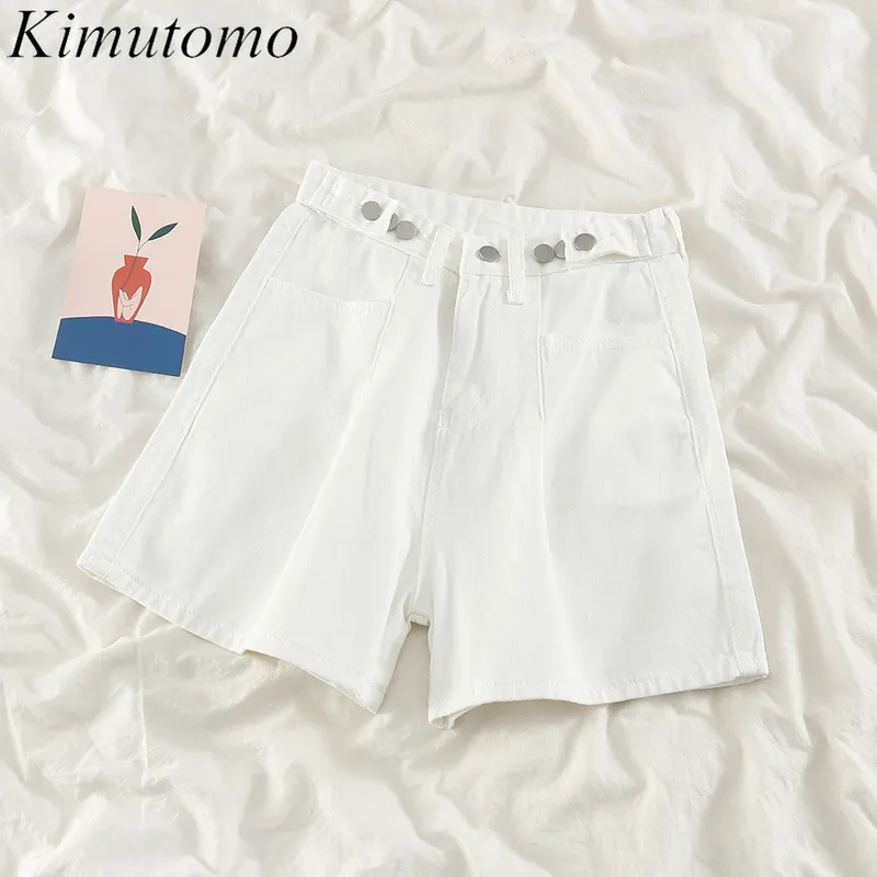 Kimutomo chique branco jean shorts mulheres verão moda feminino feminino cintura alta zíper voar uma linha feminina outwear casual 210521