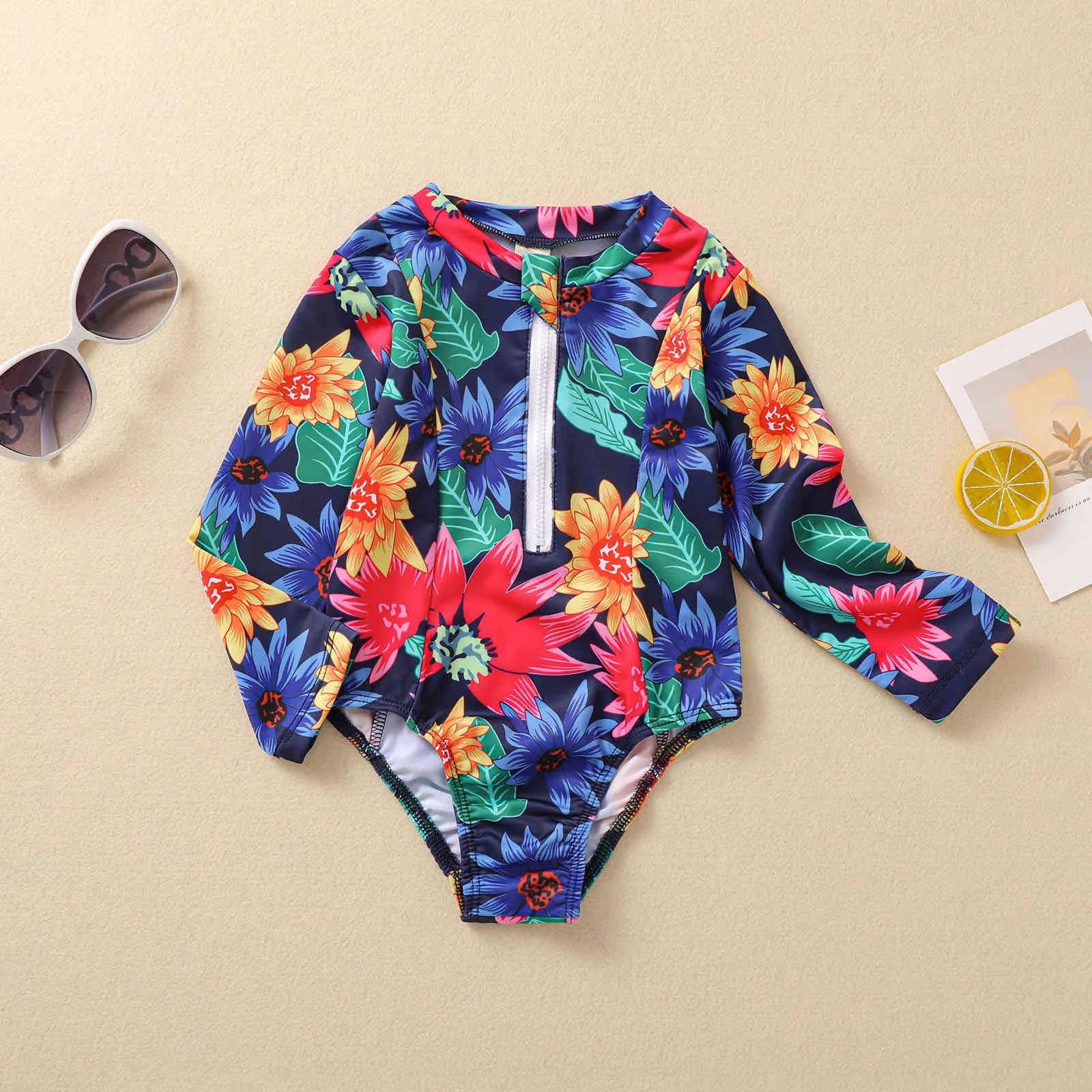 1-6Y Summer Toddler Kid Girls Badkläder Långärmad Baddräkt Tecknad film Flamingo Flower Zipper Beachwear Bad kostym 210515