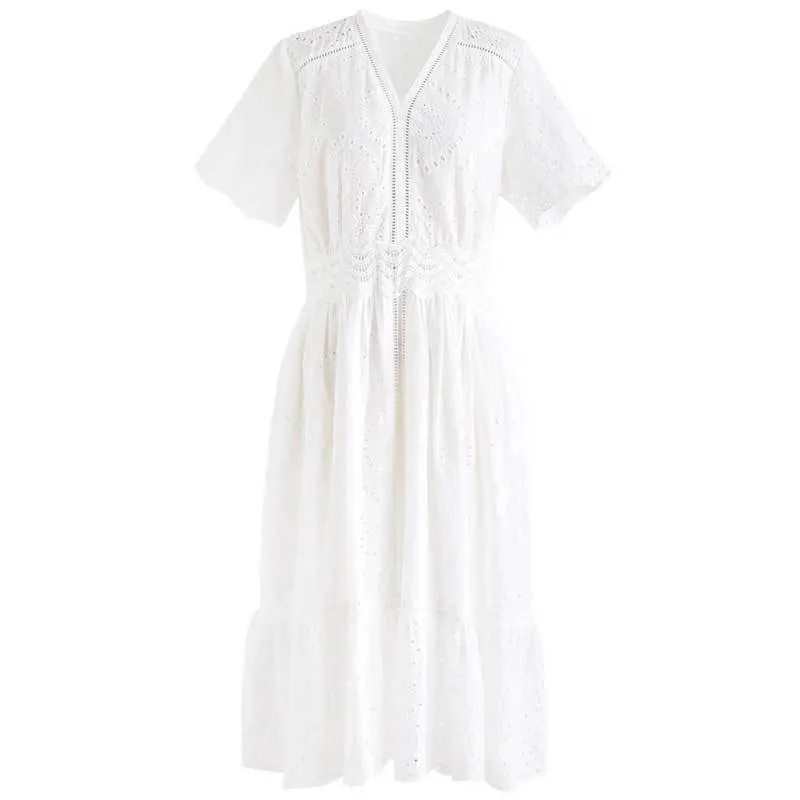 INSPIRÉ BRODERIE ŒILLET VOLANT robe d'été coton col V chic casual blanc pour femme 210412