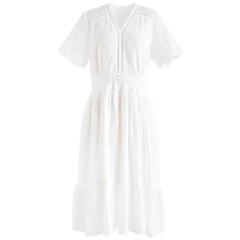 INSPIRED EMBROIDERY EYELET FRILL ABITO estivo cotone scollo a V chic casual bianco donna 210412