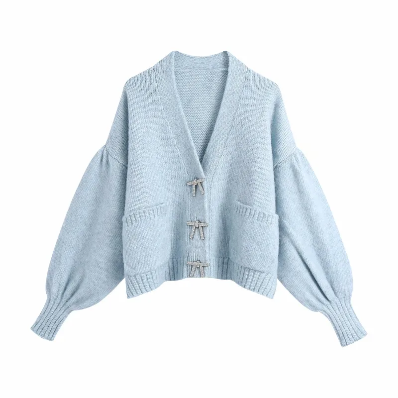 Cardigan lavorato a maglia con maniche a lanterna da donna casual Spring Fashion Ladies Warm Soft Maglione Female Chic Diamond Button Top 210515