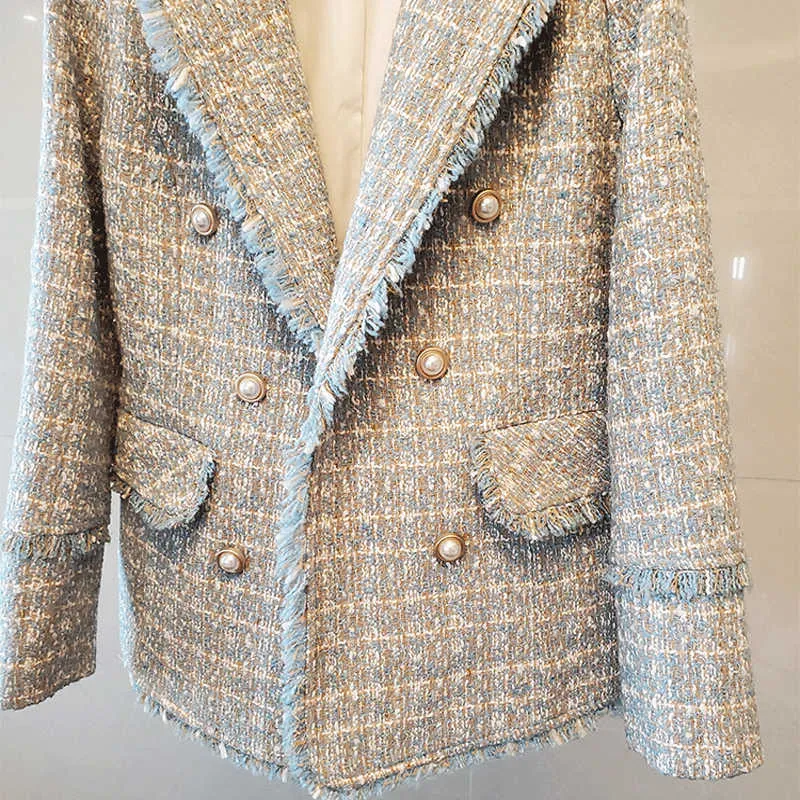 Arrival Vintage Double Breasted Frayed Tweed Kurtka Płaszcz Damska Wysokiej Jakości Damska Odzież wierzchnia Casual Casaco Femme 210529