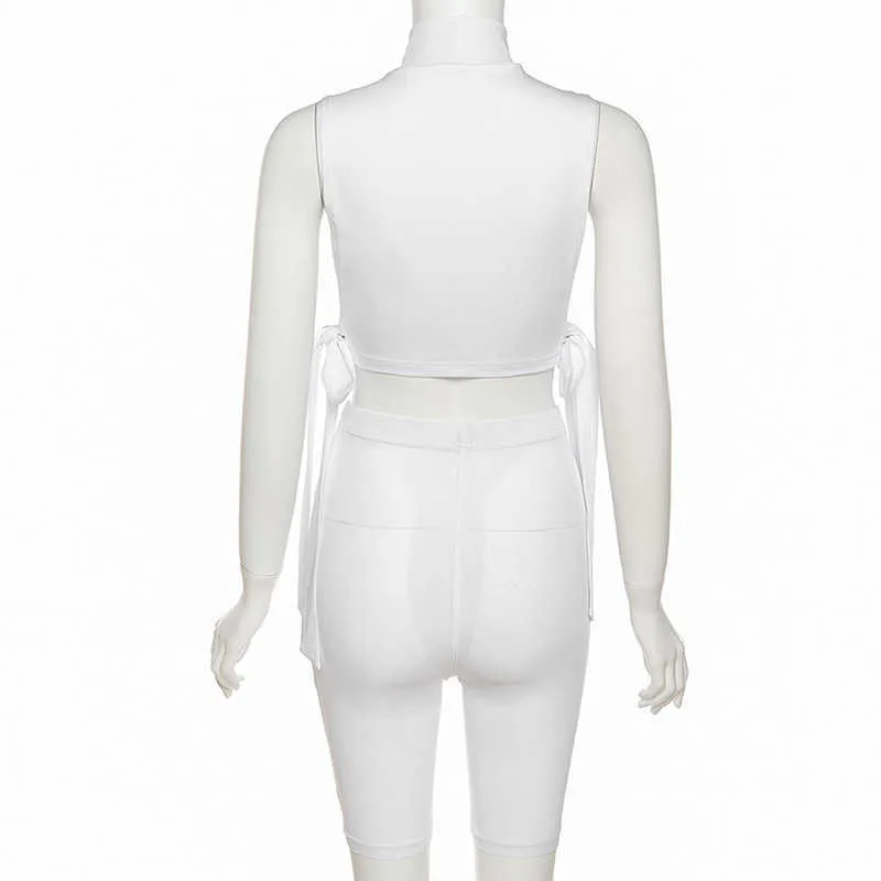 ANJAMANOR Pantaloncini da motociclista a vita alta in maglia trasparente bianca sexy Set da 2 pezzi Estate 2021 Abiti da club donna Set coordinati D87-BH18 Y0702