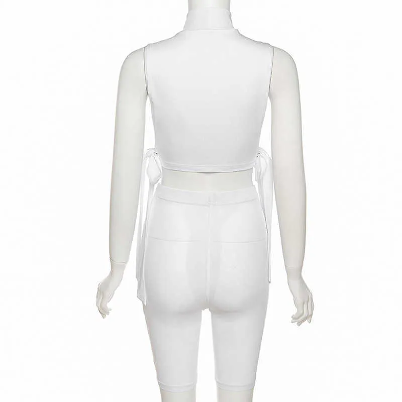 ANJAMANOR Sexy blanc maille transparente taille haute Biker Shorts 2 pièces ensemble été 2021 Club tenues pour femmes ensembles assortis D87-BH18 Y0702