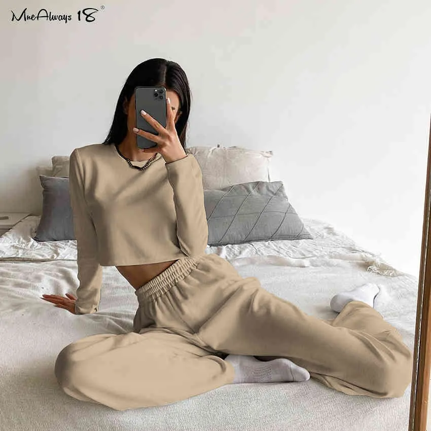 Mnealways18 Khaki Casual Set Knitted Women Tracksuit O-Neck T-Shirt And Wide Leg Pants Suits Female Autumn Outfits 210331