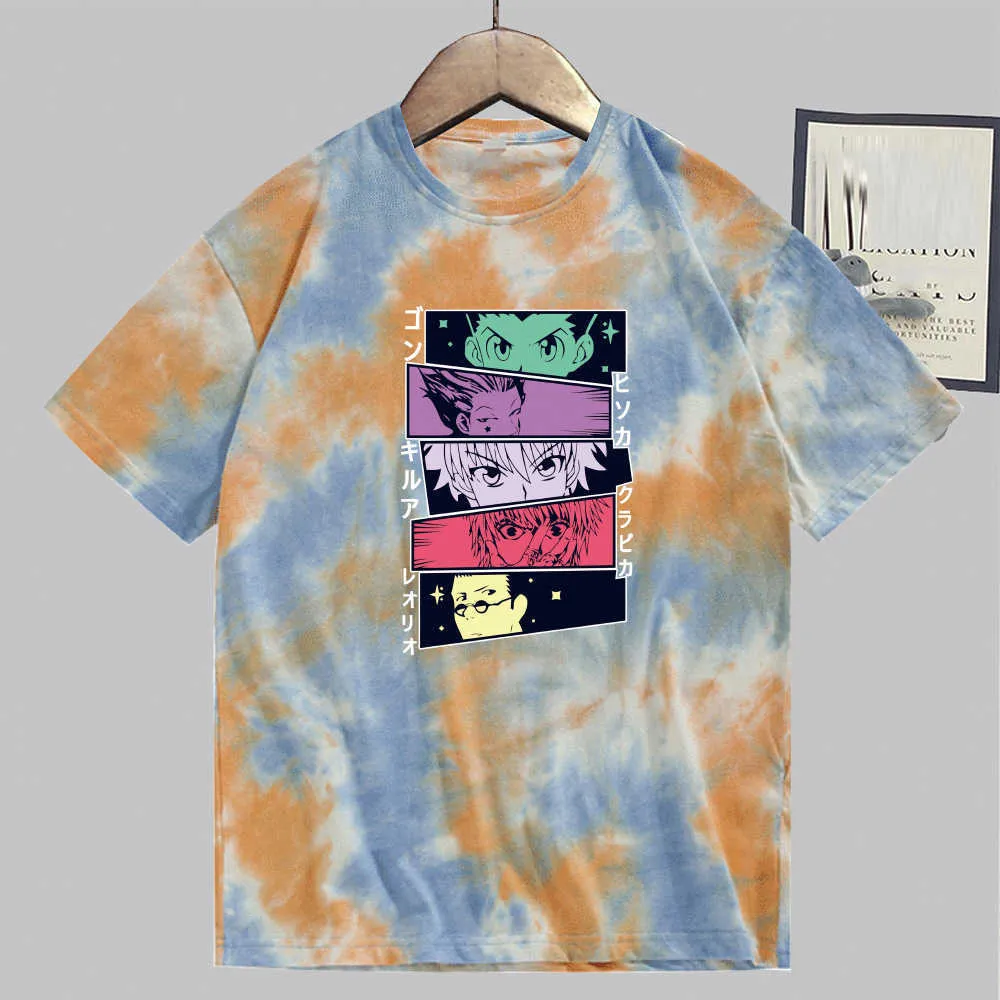 Hunter X Hunter Short Sleeve Tie Dye Anime Hip Hop Male and Female Anime T-shirt Y0809